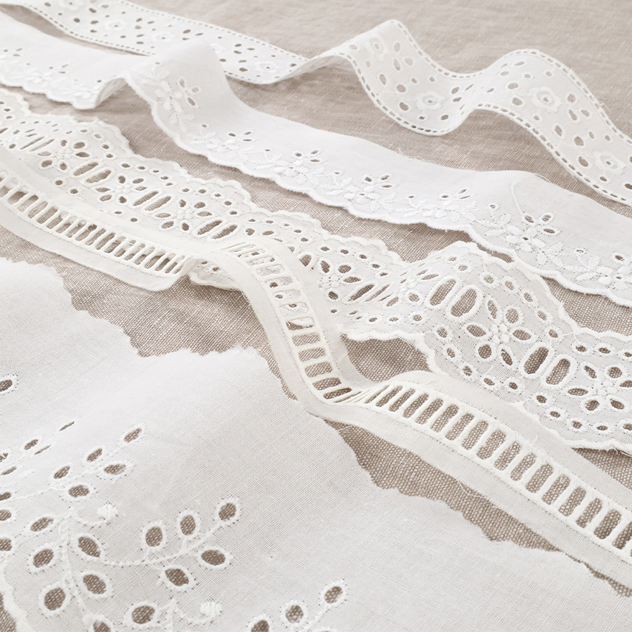 Présentation de plusieurs bandes de broderies anglaises en différentes tailles