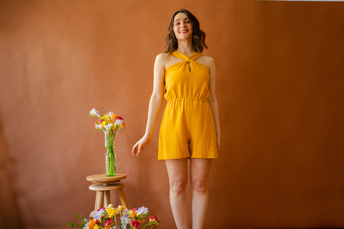 lin viscose apolline-patterns combinaison short jaune safran