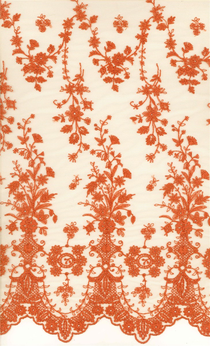fine Embroidery on Sheer Tulle - Botticelli - Mandarine - 130 cm
