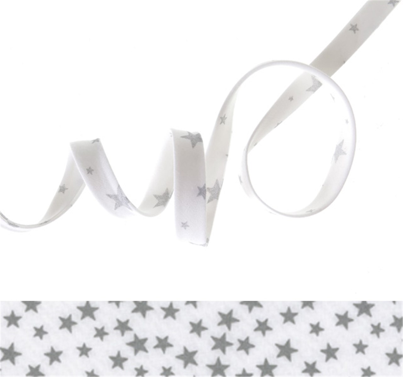 Biais Design - Etoiles - Argent sur fond blanc - 10 mm