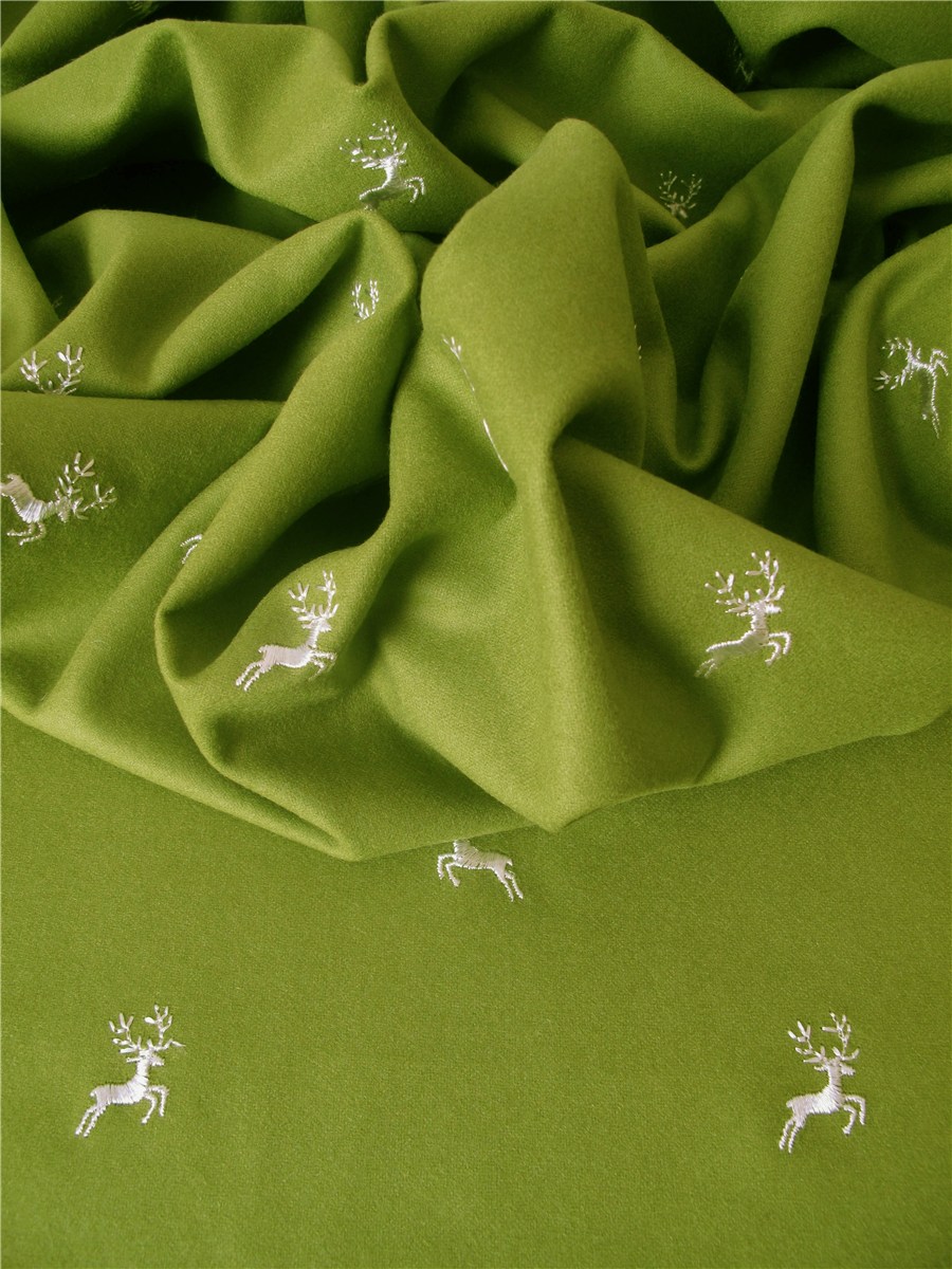 Fulled Merino Wool - Broderie Cerfs - Porcelaine / Herbe