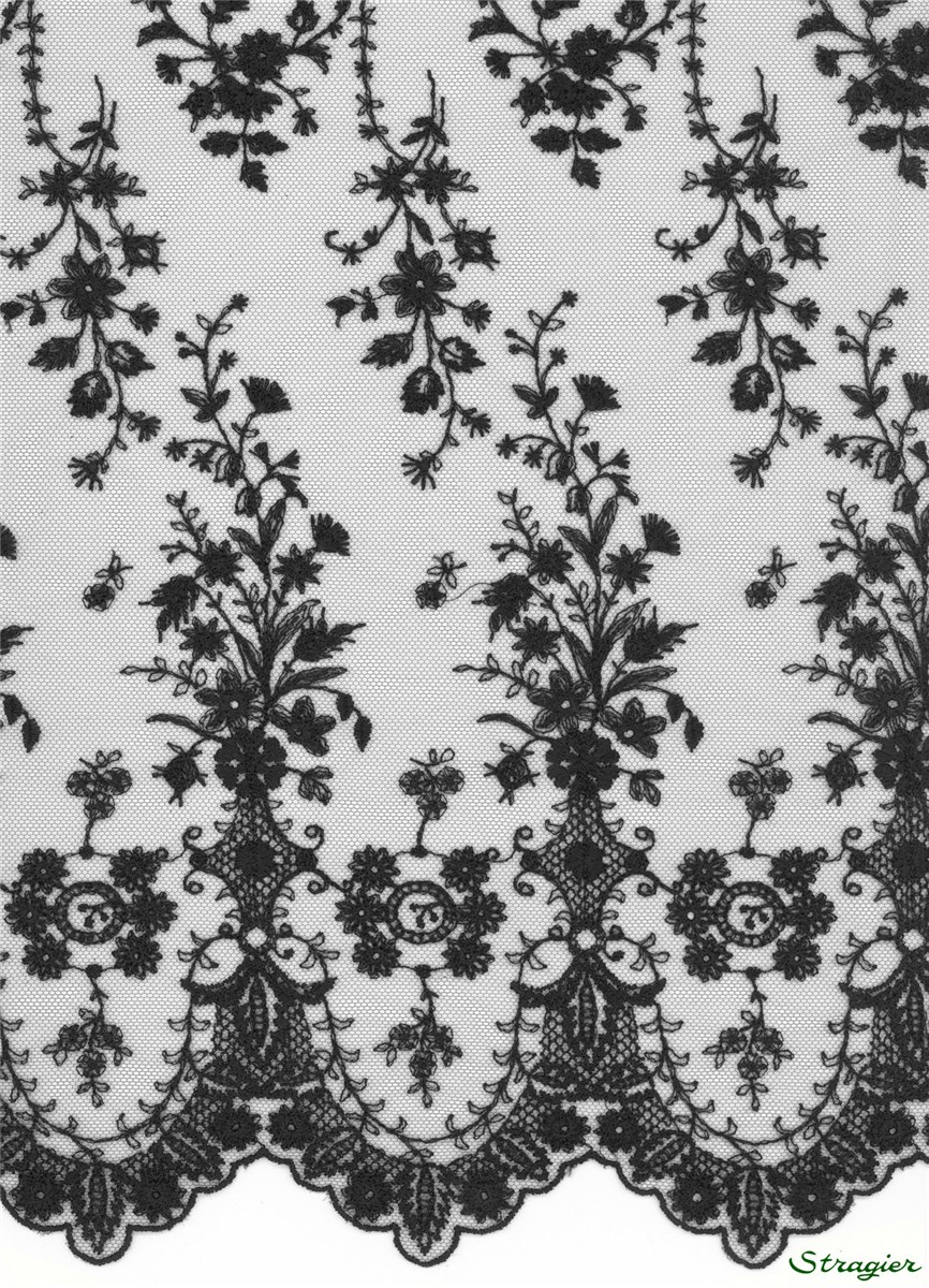 fine Embroidery on Sheer Tulle - Botticelli - Noir - 130 cm