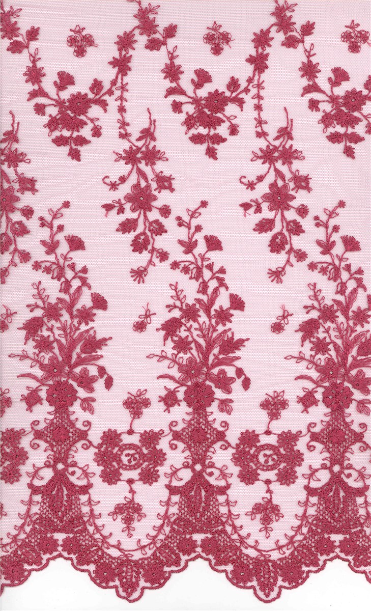 fine Embroidery on Sheer Tulle - Botticelli - Framboise - 130 cm