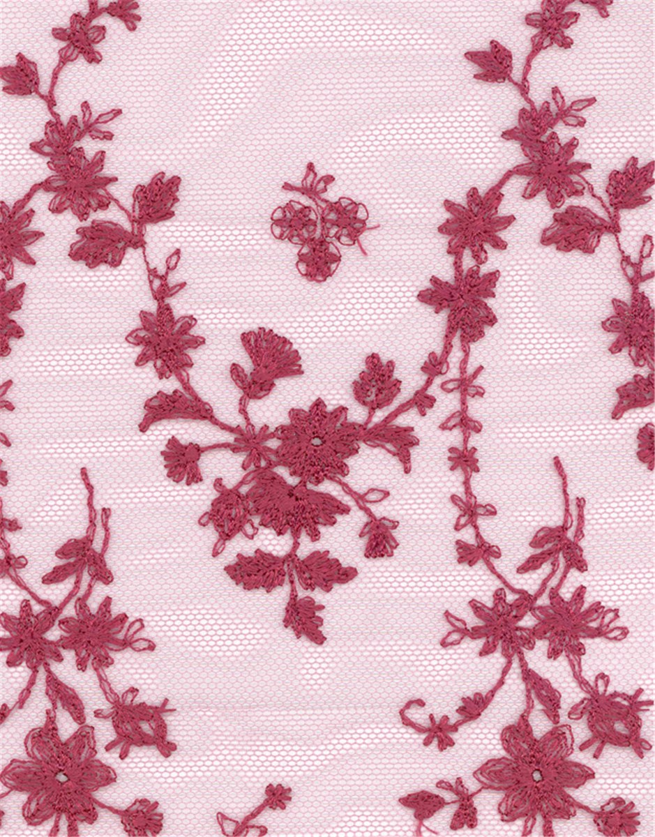 fine Embroidery on Sheer Tulle - Botticelli - Framboise - 130 cm