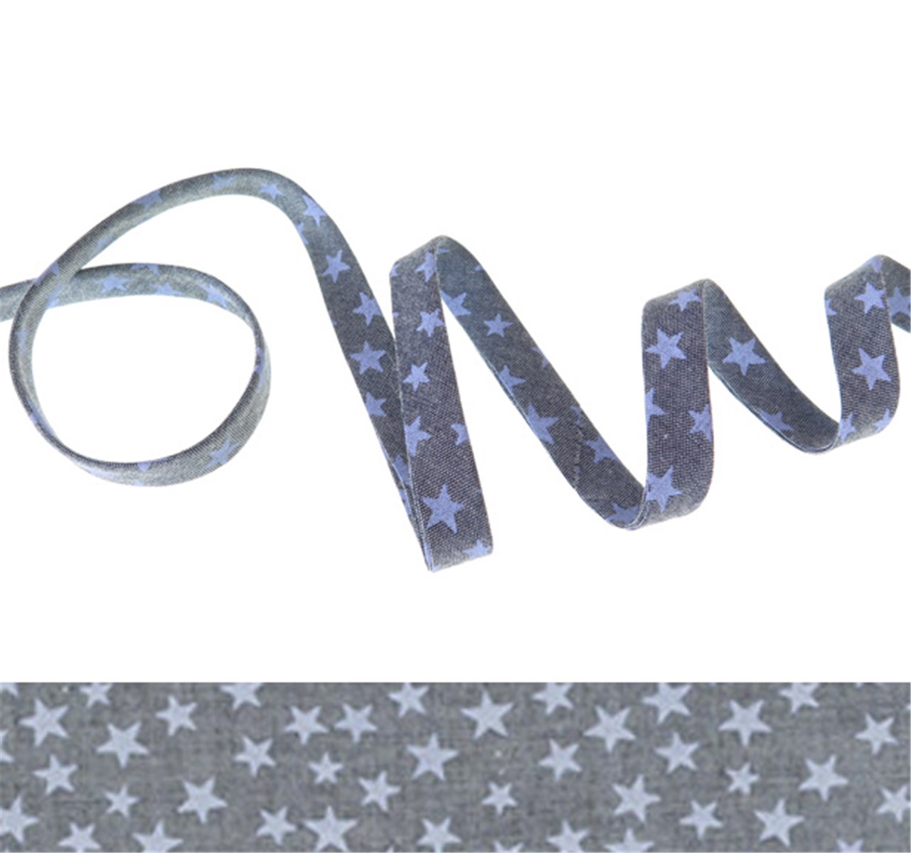 Chambray Bias Binding - Etoiles - Bleu Azur - 10 mm