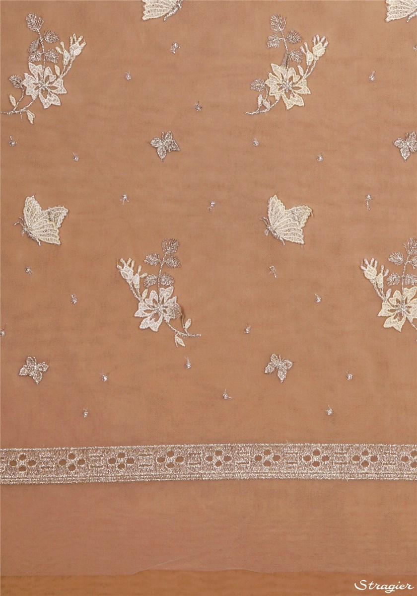 Tulle invisible brodé de motifs libres - Foglia - Crème Stragier - 123 cm