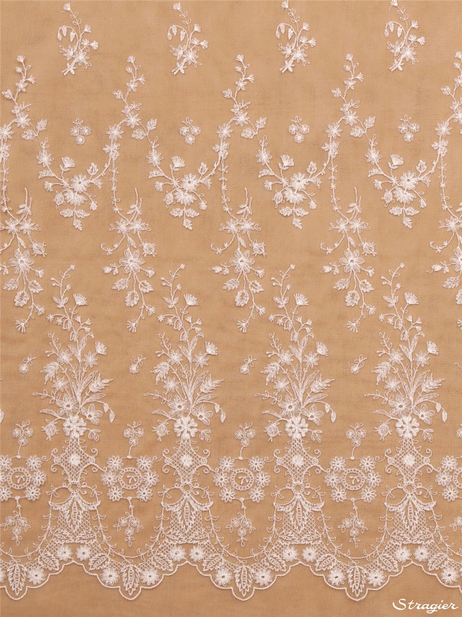 Broderie fine Coton sur tulle invisible - Botticelli - Ivoire clair Stragier - 130 cm