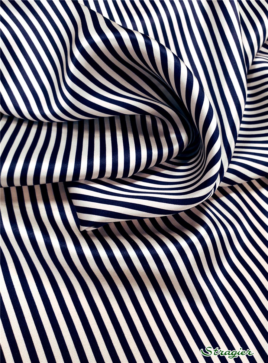 Silk Satin - Rayures 4mm - Marine et Porcelaine