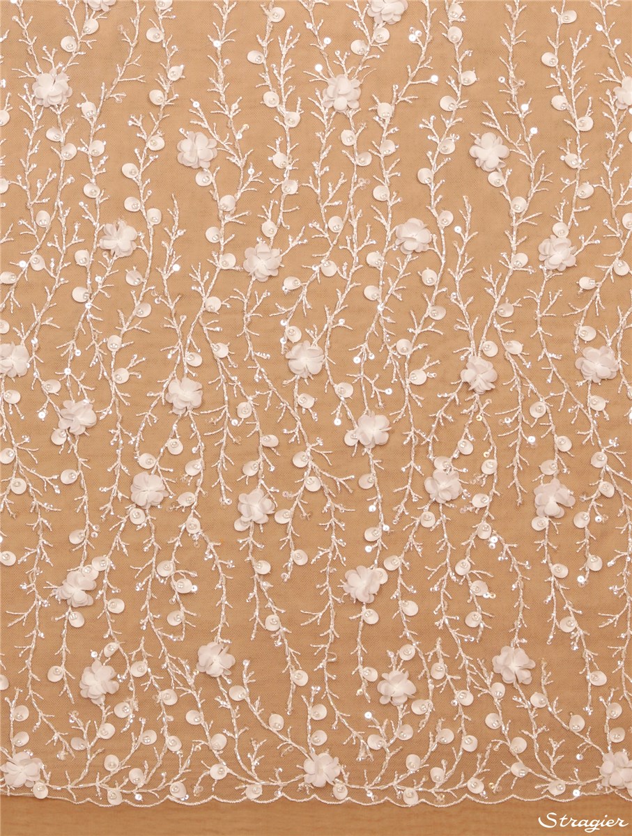 Tulle brodé et perlé - 011977 - Ivoire clair Stragier - 120 cm