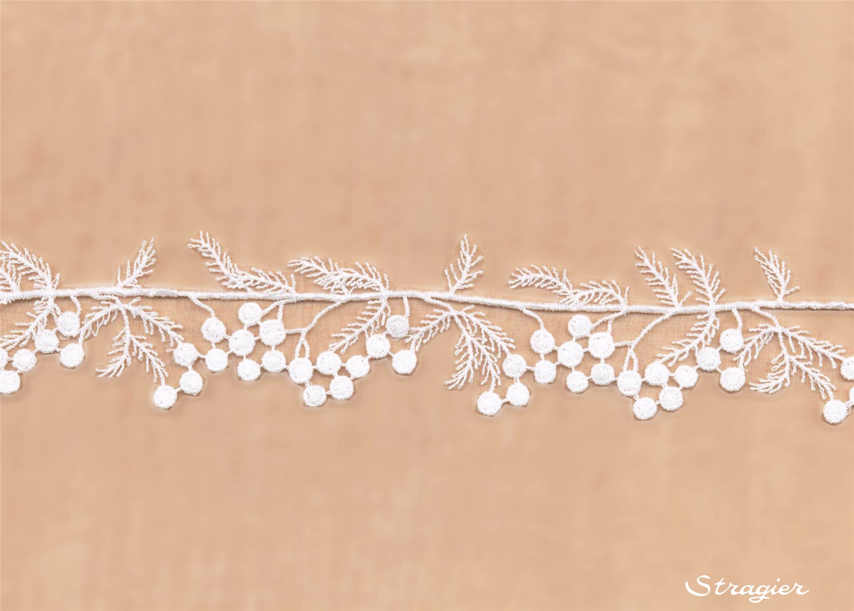 Galon brodé de motifs libres - Mimosa - Blanc Optique Stragier - 40 mm