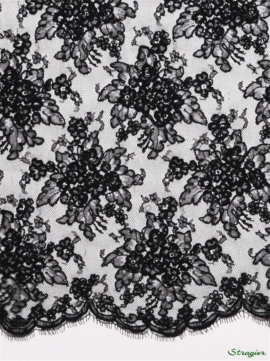 Dentelle de Calais brodée cordonnet - Balencia - Noir - 90 cm