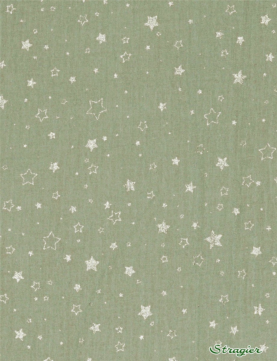 Double Gaze de Coton - Etoiles - Menthe-Argent 