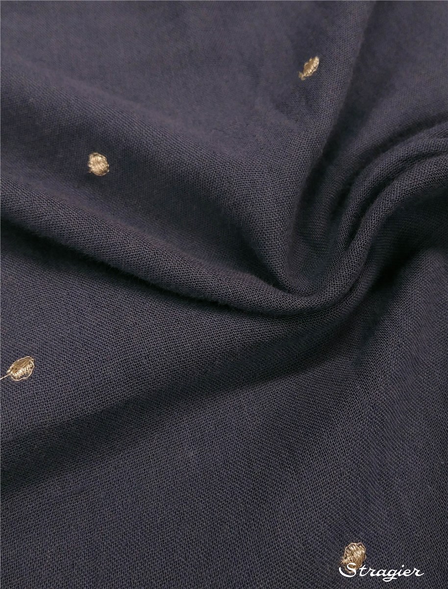 Double Gaze de Coton brodée - Etincelles - Or clair - Bleu Denim 