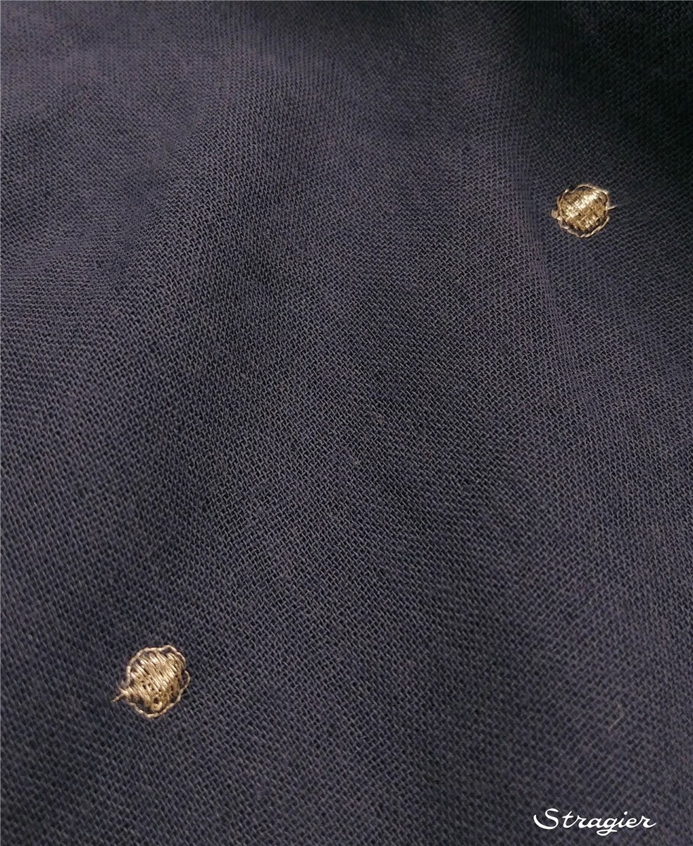 Double Gaze de Coton brodée - Etincelles - Or clair - Bleu Denim 