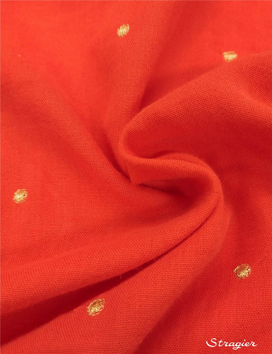 Double Gaze de Coton brodée - Etincelles - Or clair - Corail 