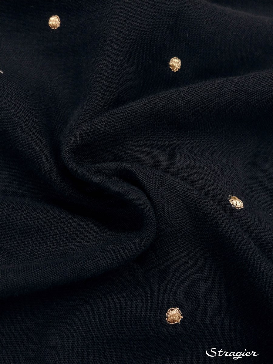 Embroidered Double Cotton Gauze - Etincelles - Or clair - Marine