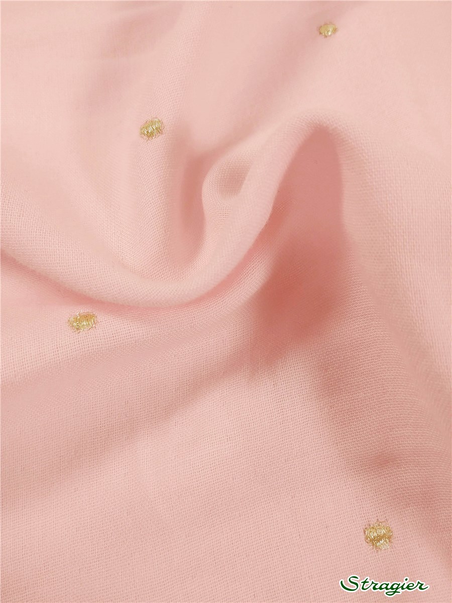 Double Gaze de Coton brodée - Etincelles - Or clair - Rose Perle 