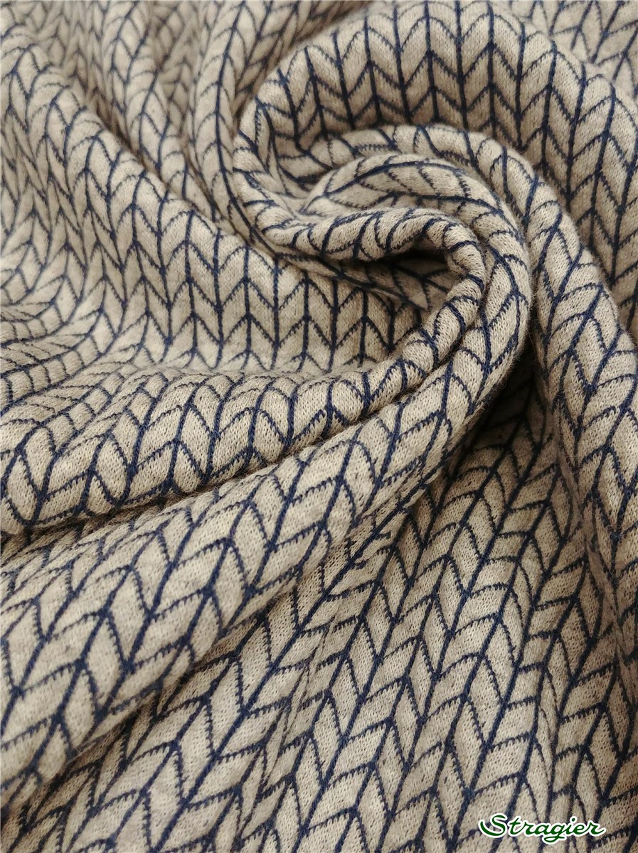 Jersey Jacquard Coton BIO - Stretch - Big Knit - Gris Perle-Bleu Denim 