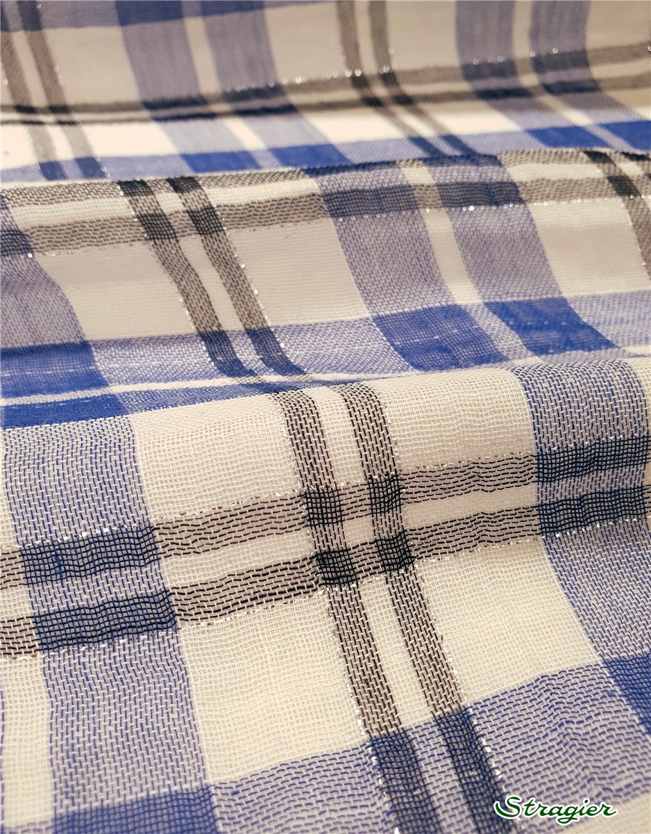 Gaze de Coton - Carreaux - Cobalt et Argent