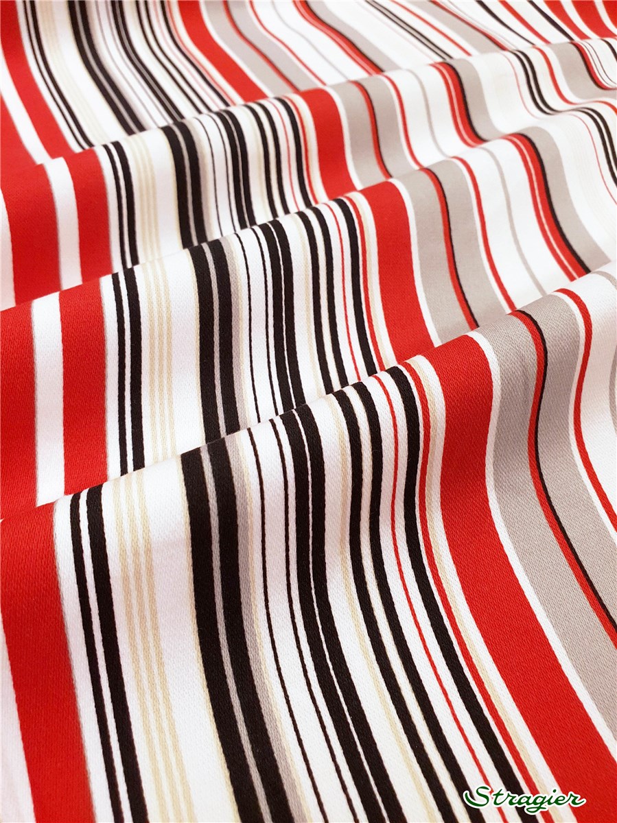 Cotton Satin - Stretch - Rayures Bayadères - Carmin-Gris