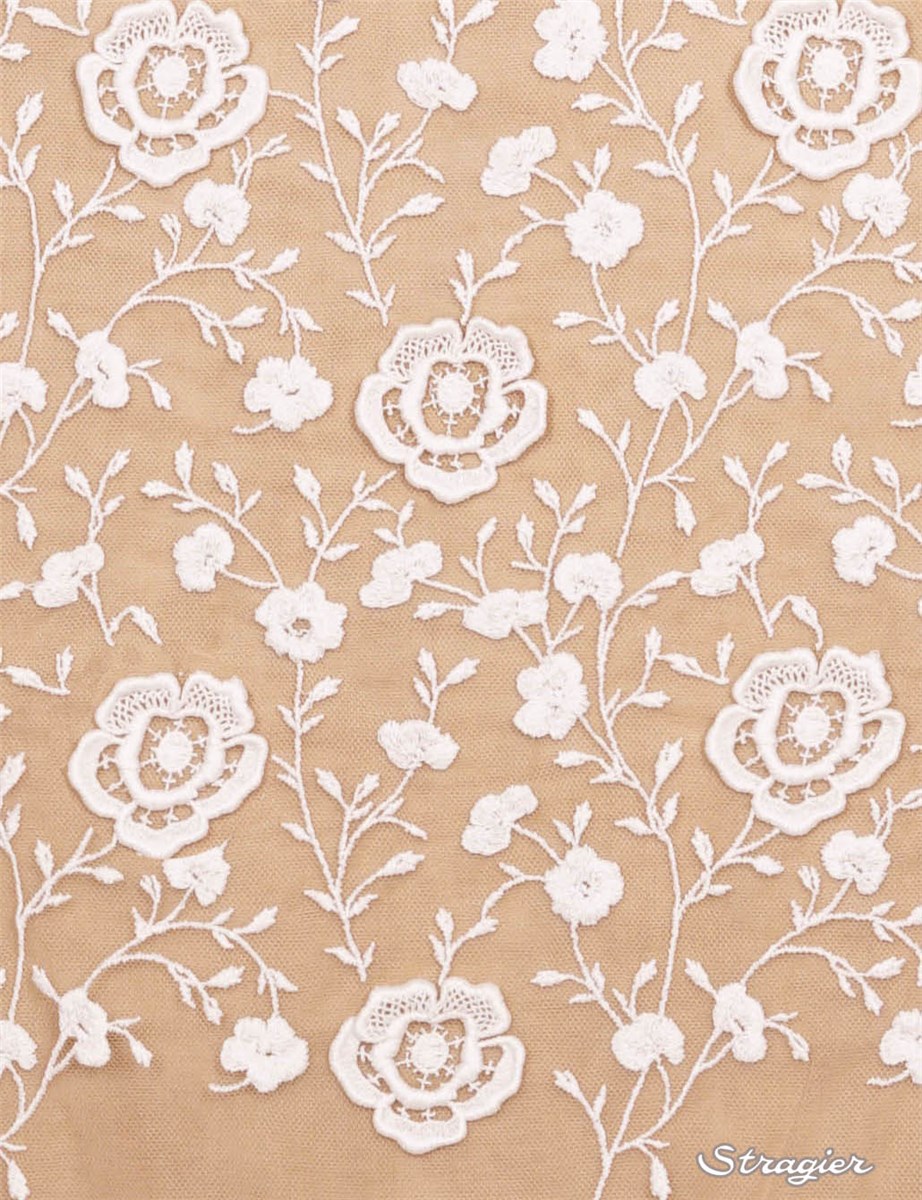 fine Cotton Embroidery on sheer Tulle - Orea - Stragier Pale Ivory - 145 cm