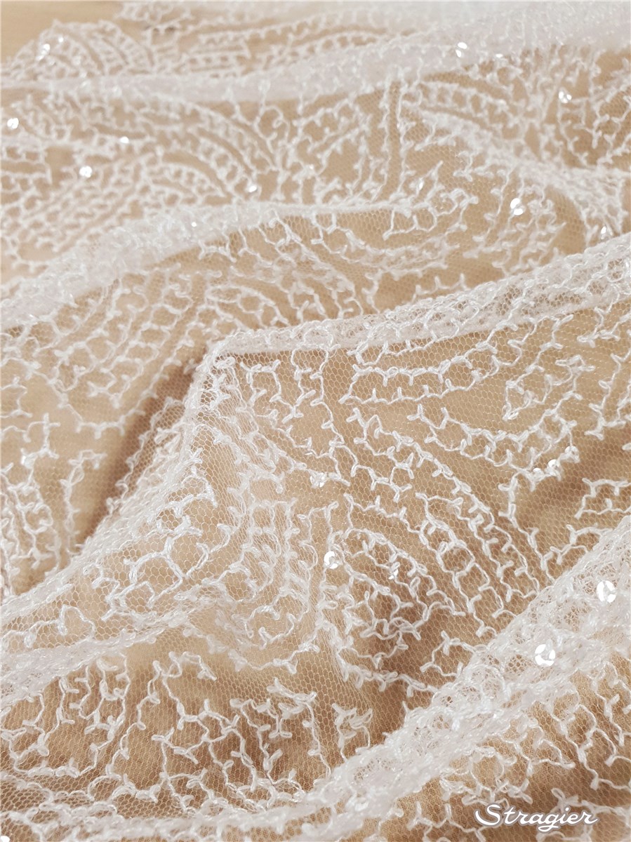 Tulle fin brodé pailleté - Stella - Porcelaine Stragier