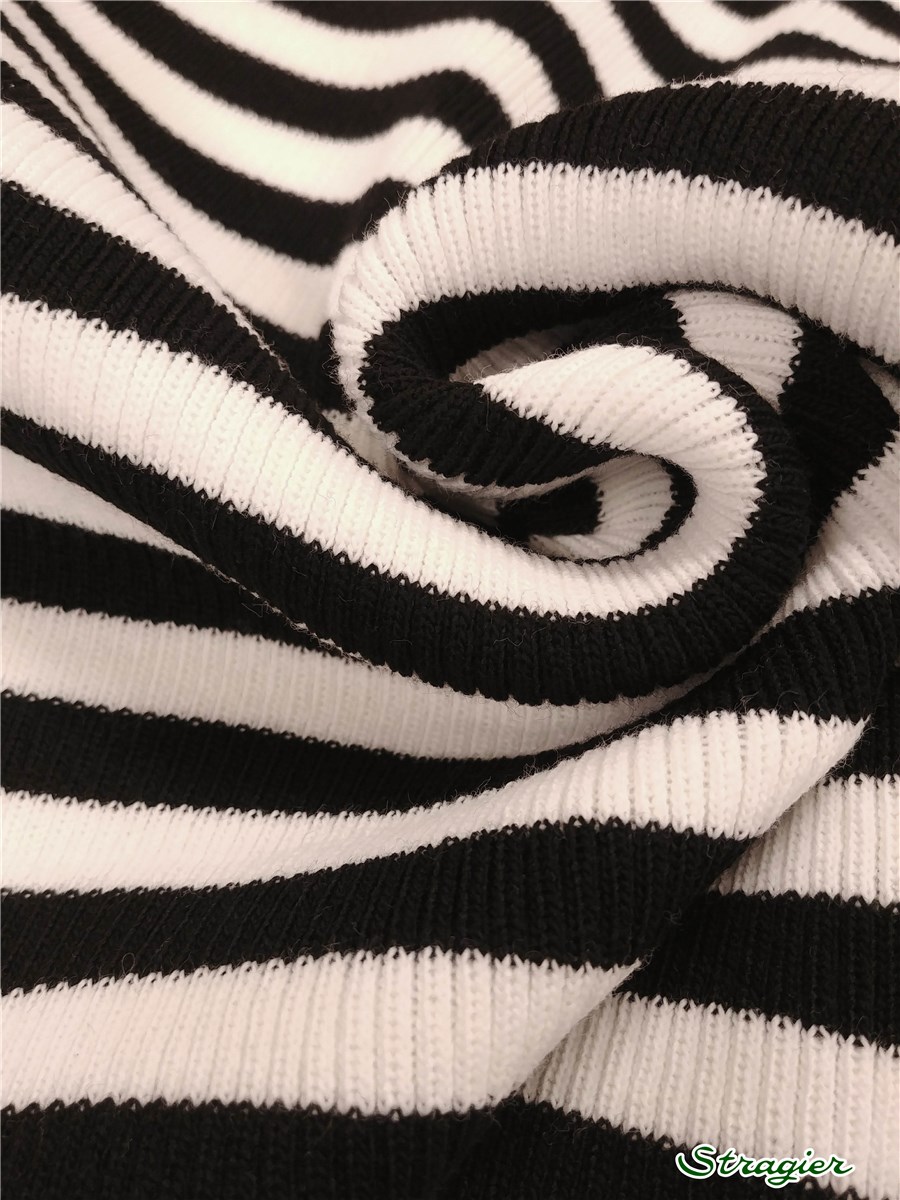 Knitted Fabric - medium- 3mm Rib - Rayures - Noir-Blanc - 80 cm