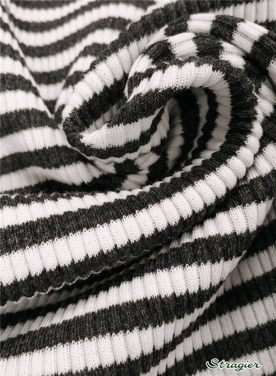 Knitted Fabric - light - 3mm Rib - Rayures - Graphite-Ivoire - 80 cm