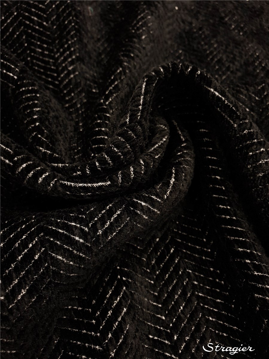 Tissu Chenille - Chevrons - Noir & Blanc 