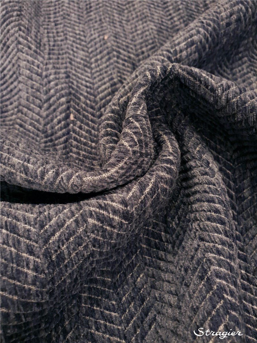 Tissu Chenille - Chevrons - Bleu Acier & Blanc 