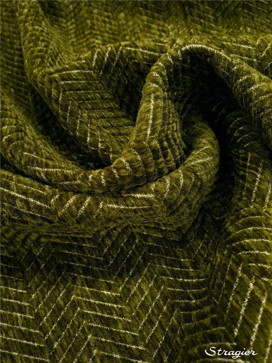 Chenille Fabric - Herringbone - Kaki Olive &amp; Blanc