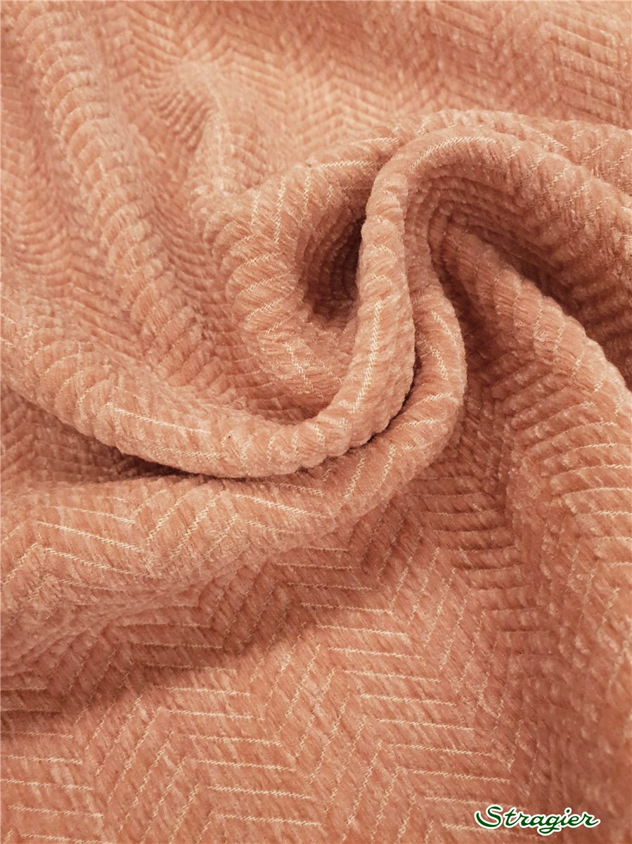 Tissu Chenille - Chevrons - Rose Nude & Blanc 