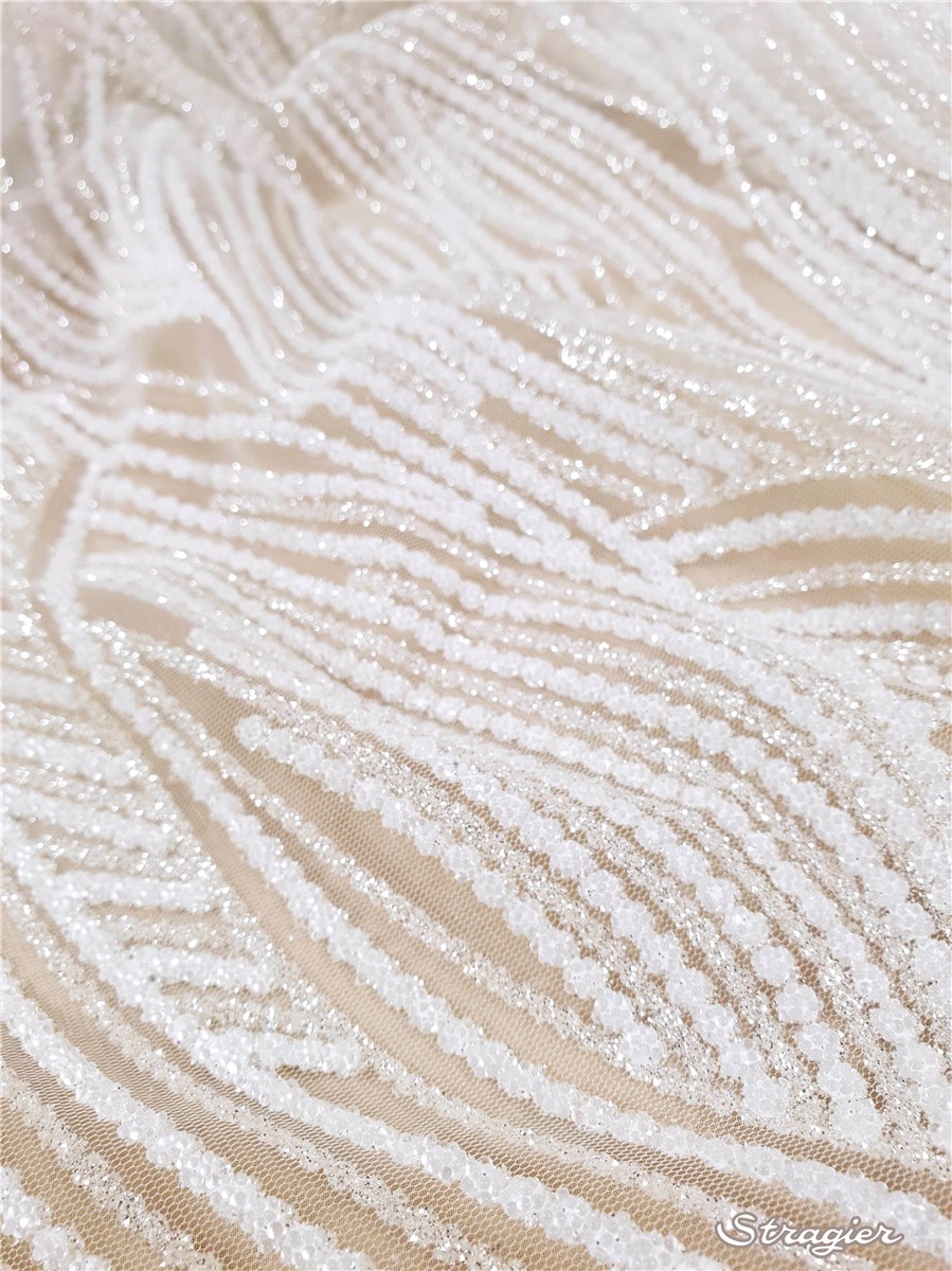 Tulle fin incrusté de mini Perles et micro Paillettes - Aiglinne - Porcelaine-Platine