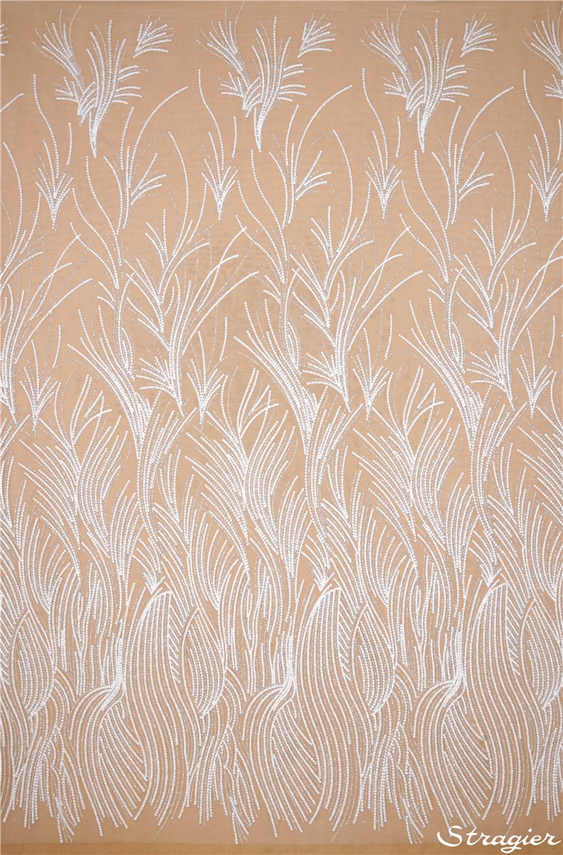 Tulle fin incrusté de mini Perles et micro Paillettes - Aiglinne - Porcelaine-Platine 