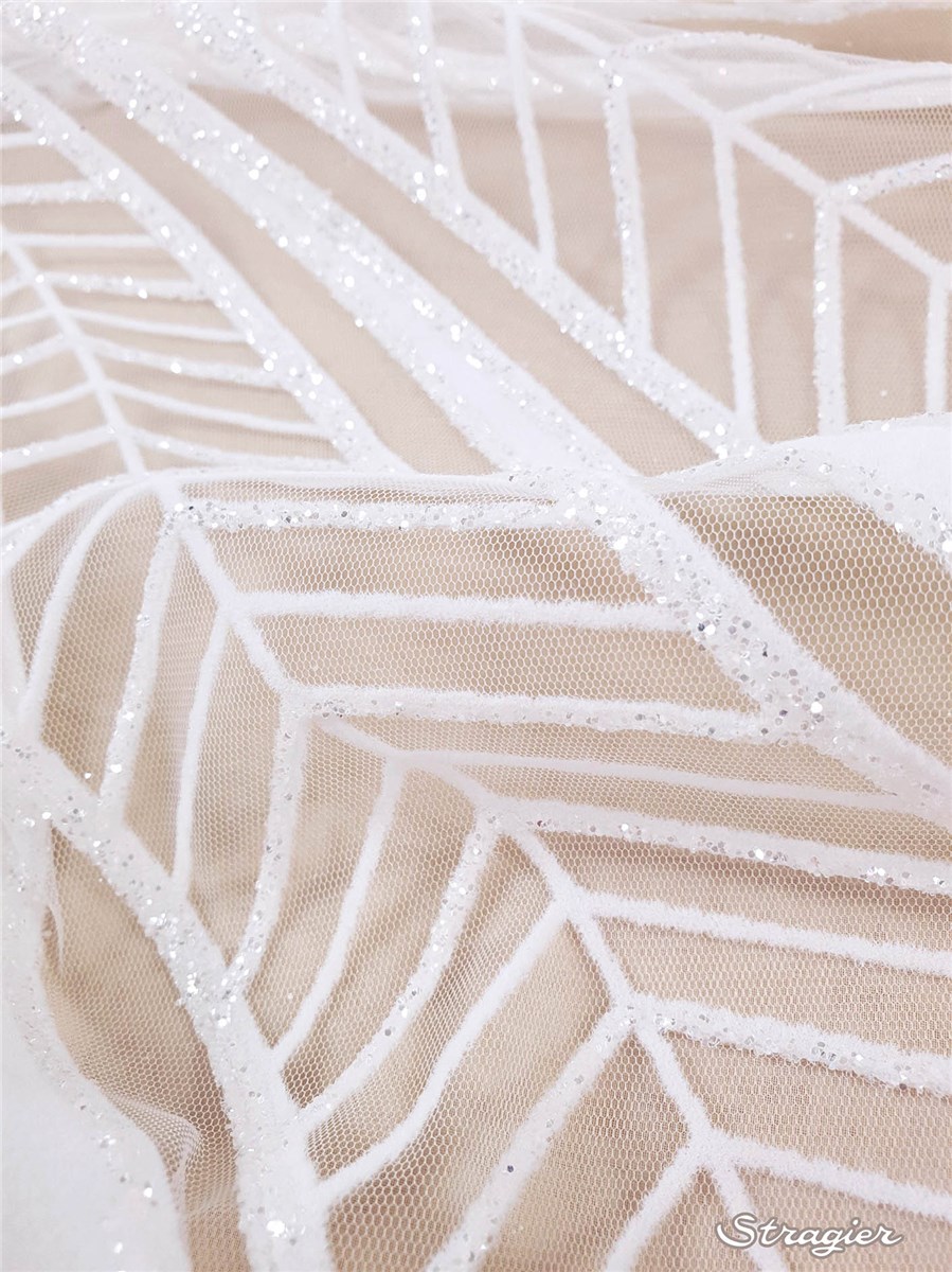 Tulle fin incrusté Veloutine et micro Paillettes - Paon Royal - Ivoire clair-Diamant