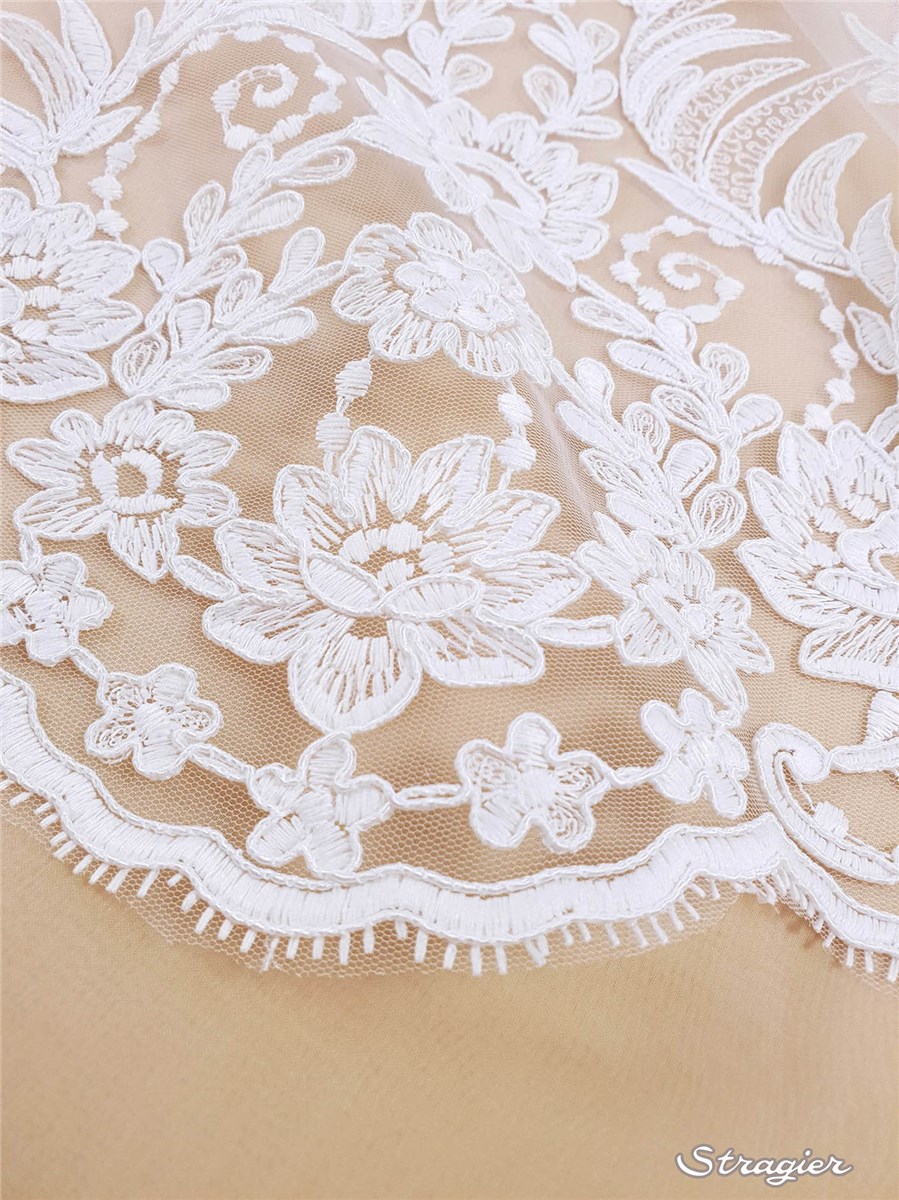 Embroidered fine Tulle - Cotton & Cord Thread - Elios - Stragier Porcelain - 140 cm