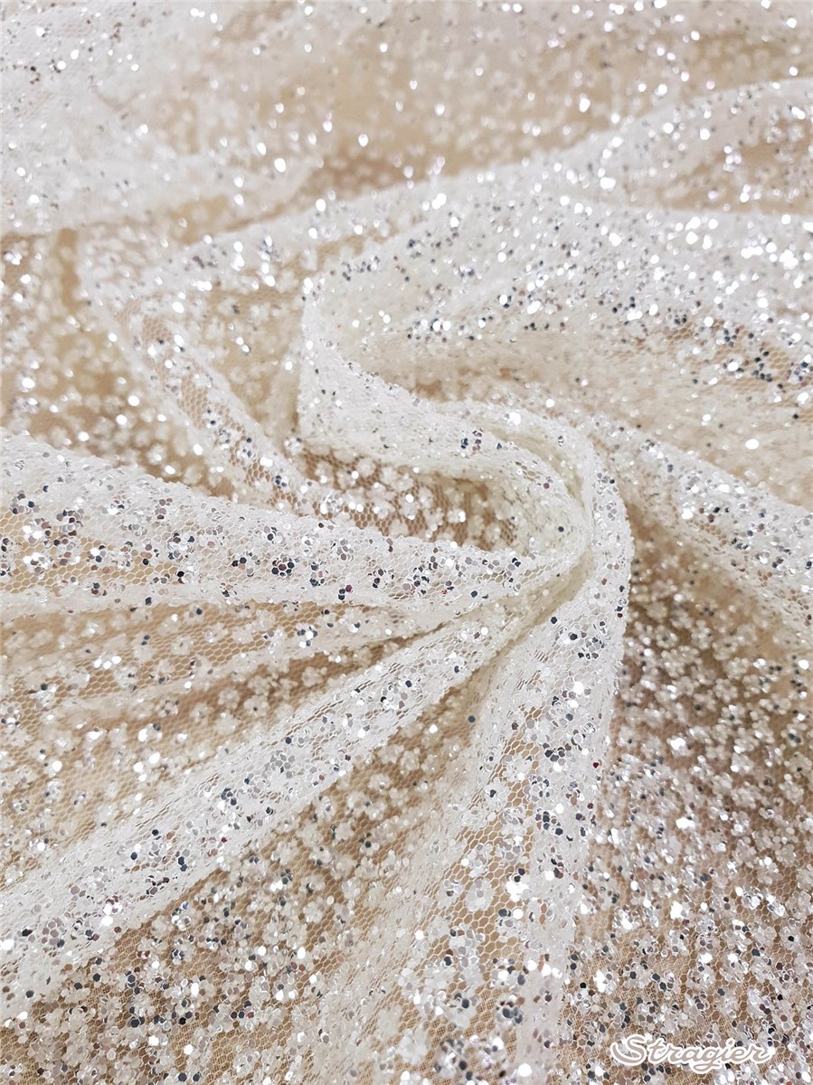 Tulle fin incrusté de micro Paillettes - Progressif - Ivoire clair-Platine 