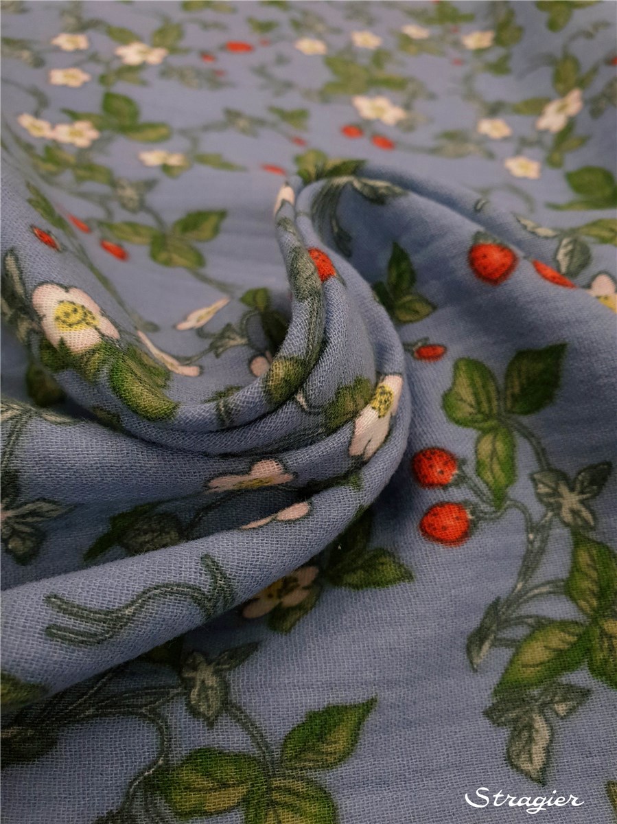 Double Cotton Gauze - Fraise des bois - Bleu Azur