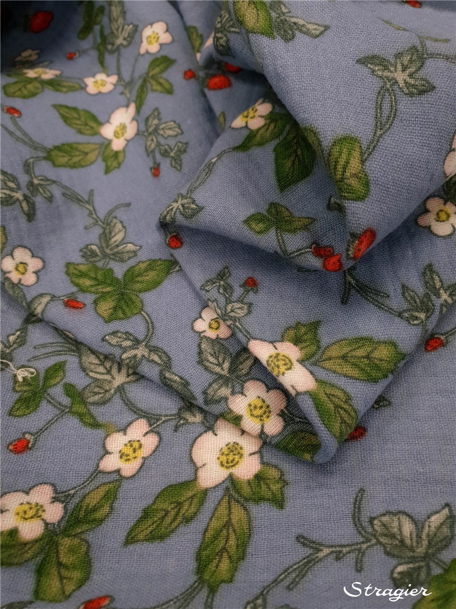 Double Cotton Gauze - Fraise des bois - Bleu Azur