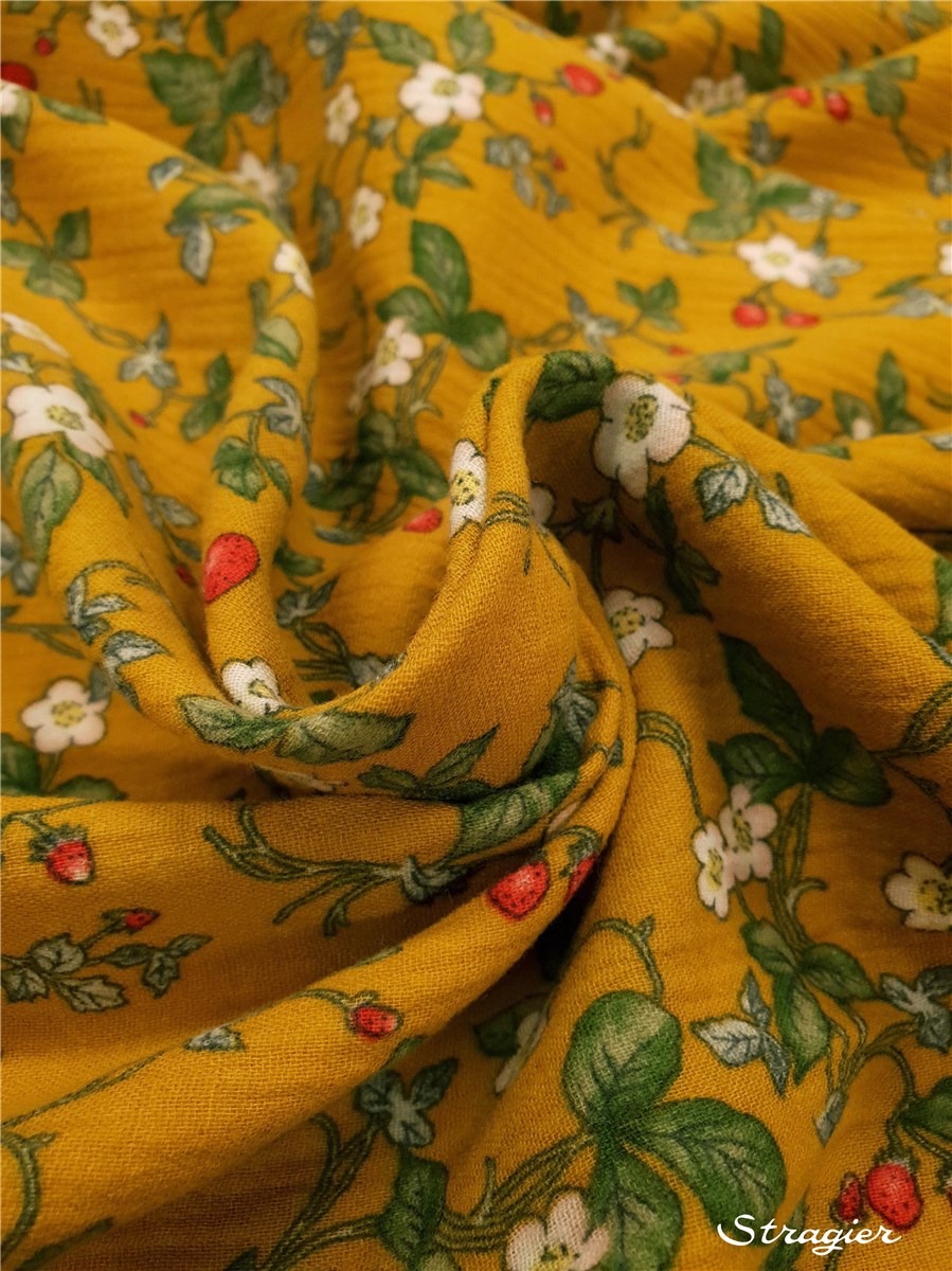 Double Gaze de Coton - Fraise des bois - Moutarde 