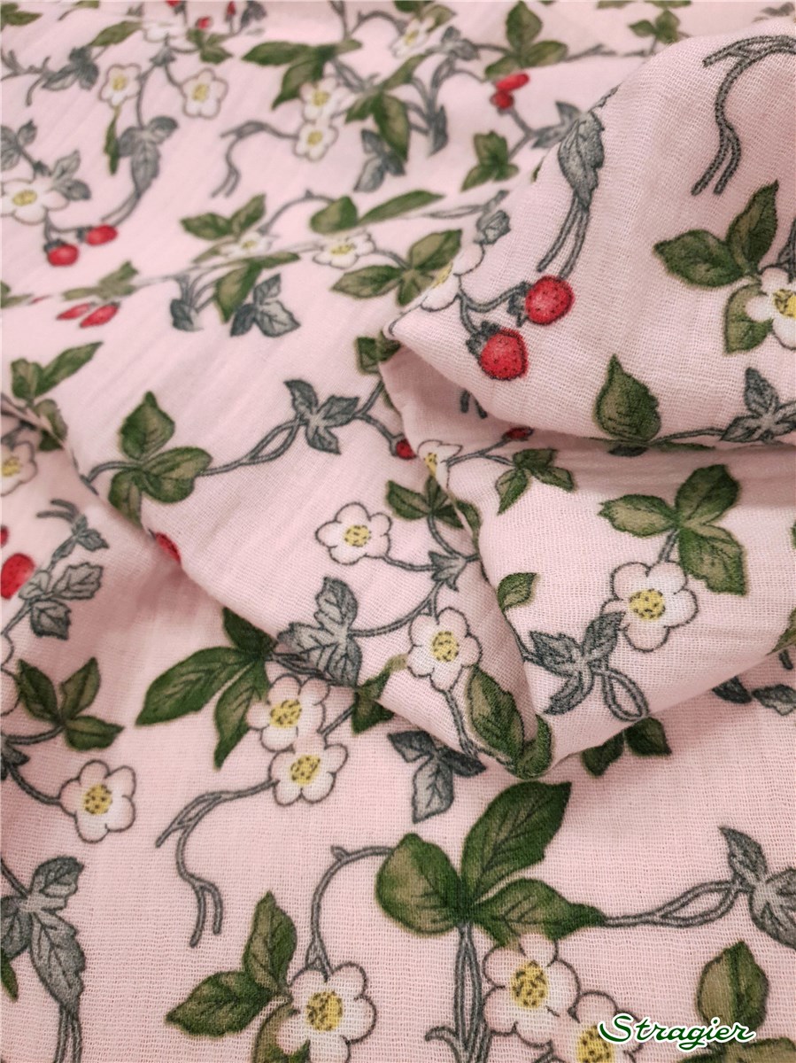 Double Gaze de Coton - Fraise des bois - Rose Perle