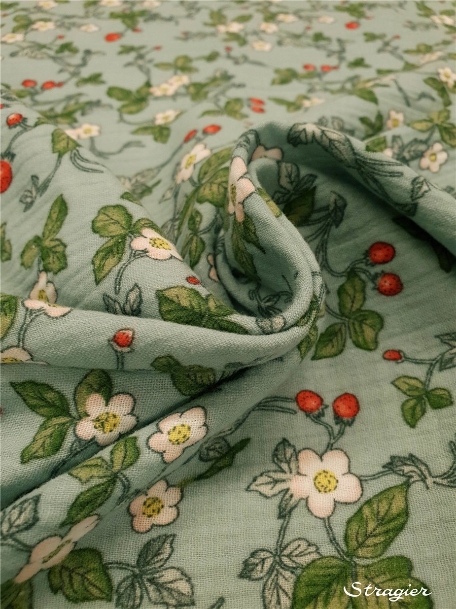 Double Gaze de Coton - Fraise des bois - Vert Menthe 