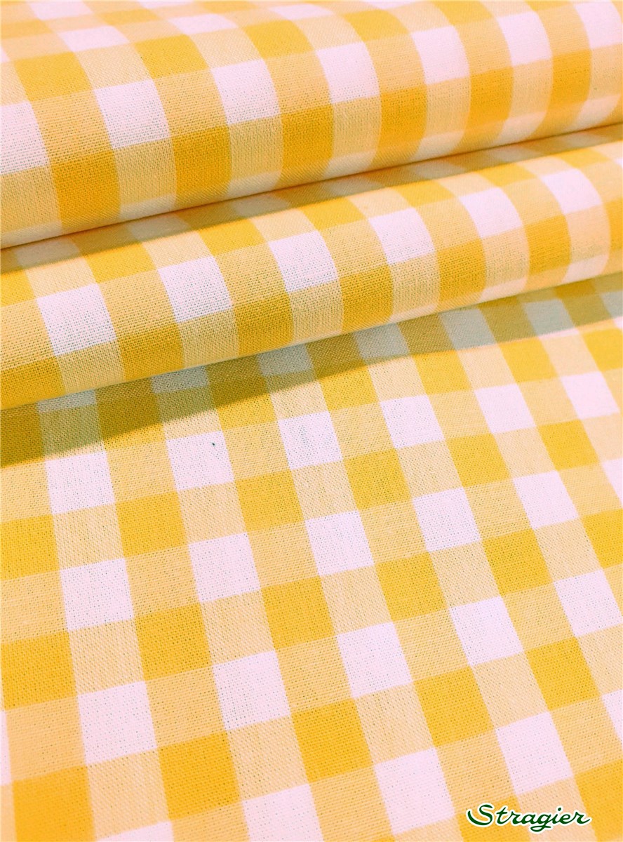 Popeline Pur Coton - Soft - Vichy-9mm - Jaune Soleil-Blanc