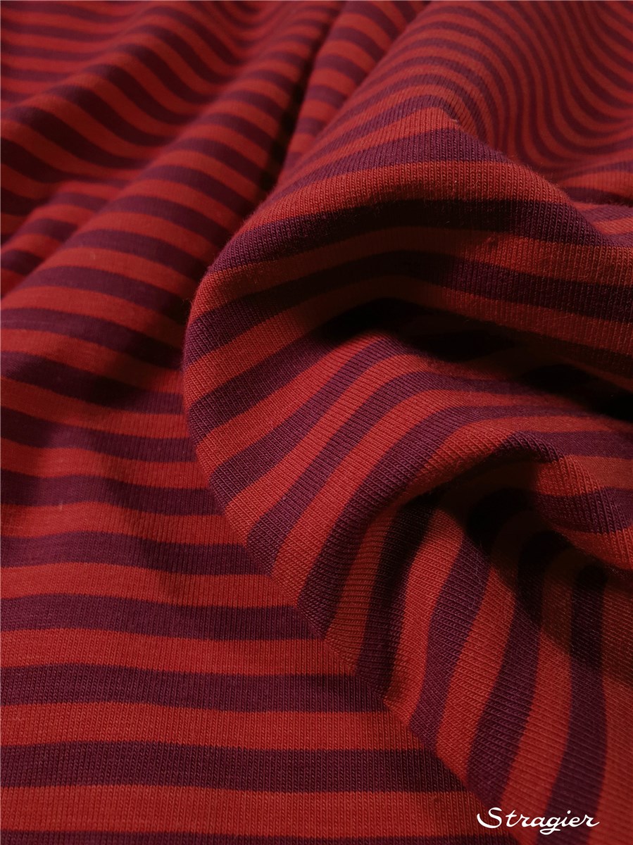 Jersey Coton stretch - Rayé 5mm-3mm - Cerise Bordeaux