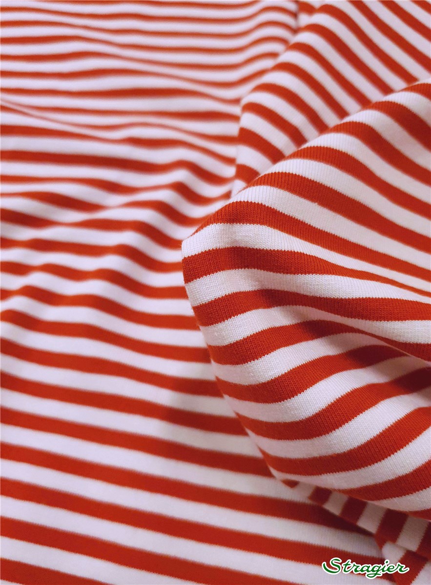 Jersey Coton stretch - Rayé 5mm-5mm - Rouge et Blanc 