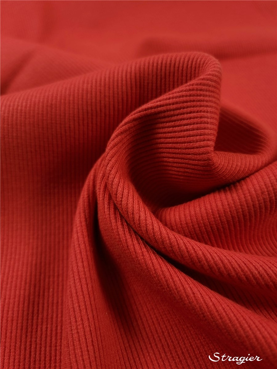 Bord Côte 2x2 - Coton BIO Stretch - Uni - Rouge Corail