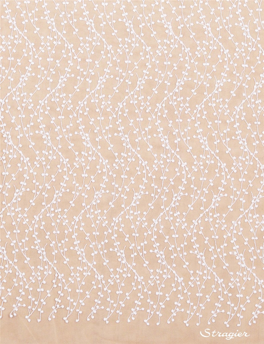Cotton Thread Embroidery on Sheer Tulle - Bruisille - Stragier Pale Ivory - 135 cm