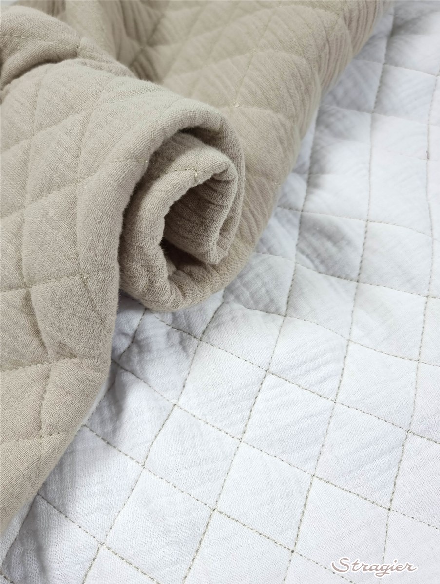 Matelassé - Double Gaze de Coton - Double Face - uni - Blanc-Beige