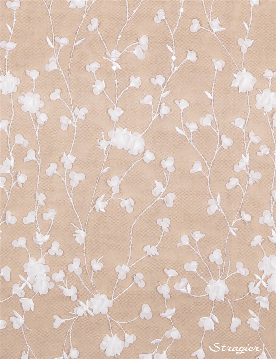 Tulle brodé et perlé - Sakura - Ivoire clair Stragier