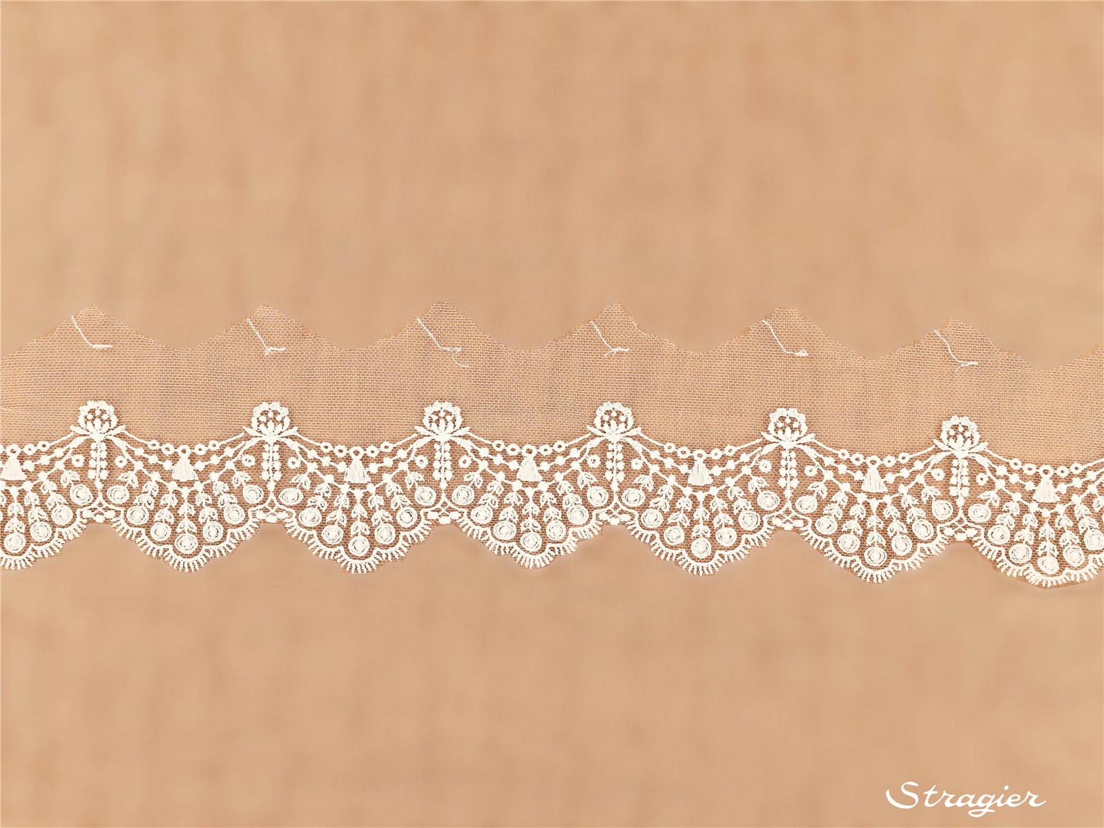 fine Cotton Embroidery on sheer Tulle - Victorine - Stragier Pale Ivory - 5 cm